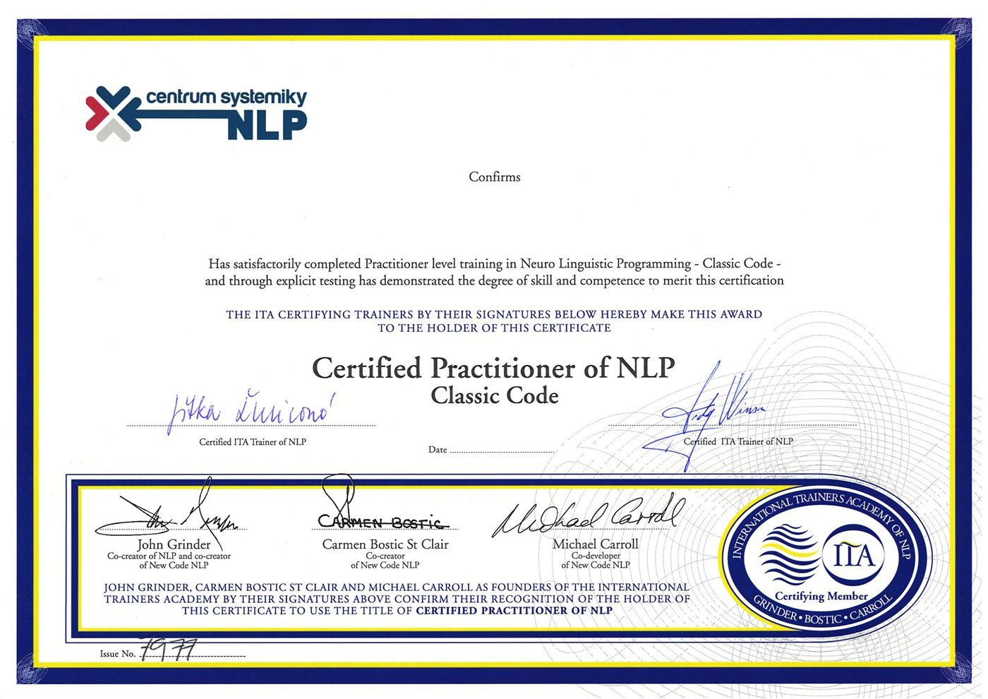 Certifikát ITCA NLP